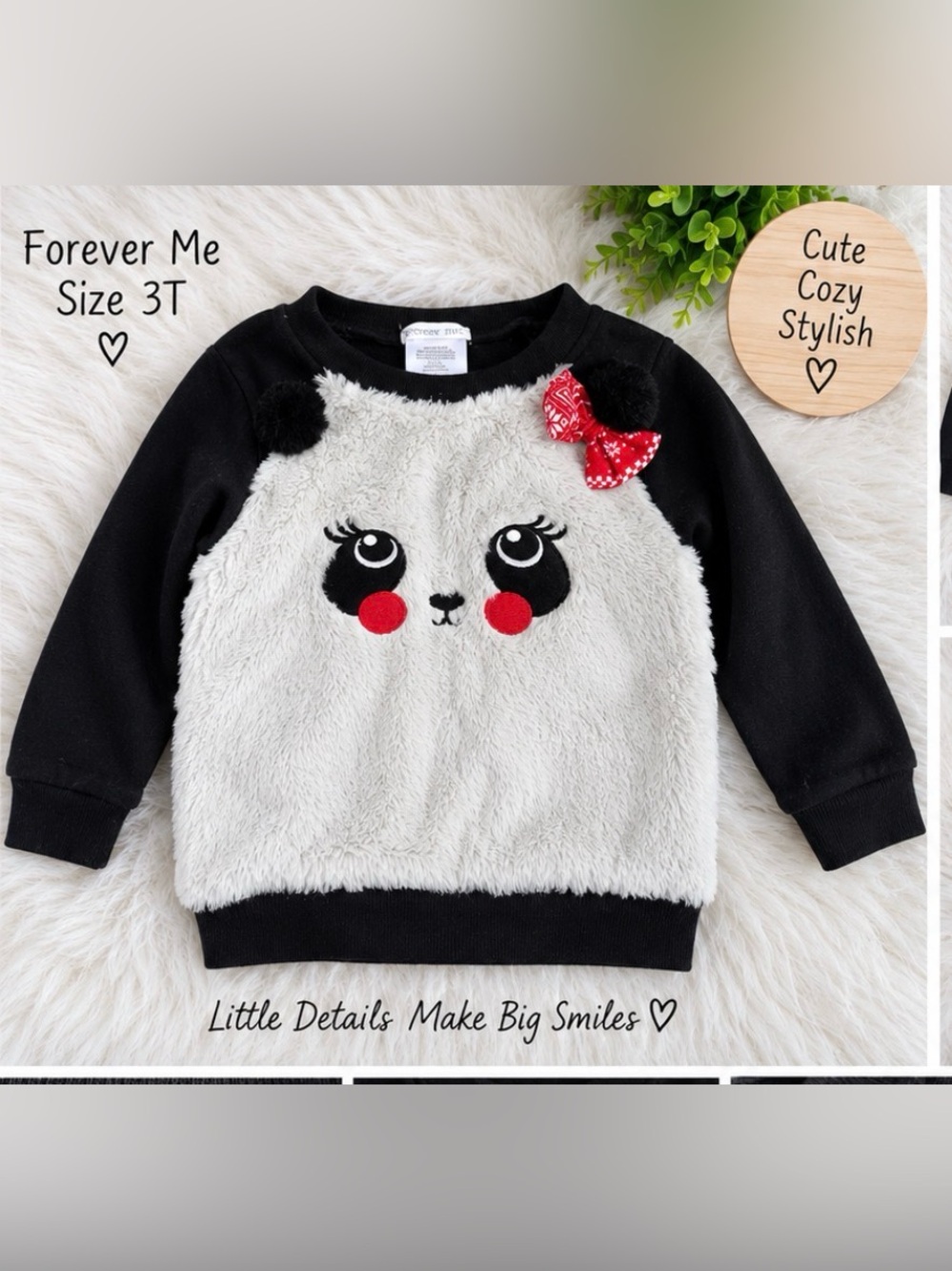 🐱 Forever Me Girls 3T Fuzzy Panda or Cat Sweater – Black & White with Red Bow